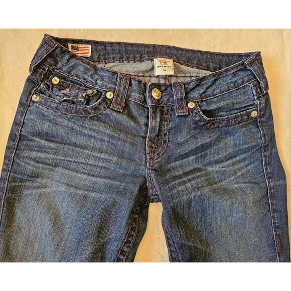 True Religion Julie Super T Jeans Womens 29 Dark Wash Thick Purple Stitch Y2K - Picture 2 of 15